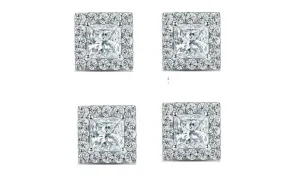 18k White Gold Plated 6mm 3Ct Princess Cut White Sapphire Set of Two Halo Stud Earrings