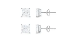 18k White Gold Plated Created White Sapphire 3Ct Princess Cut Set Of Two Stud Earrings