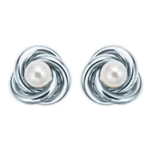 18K White Gold Plated White Freshwater Pearl Round 4 CT Stud Earrings