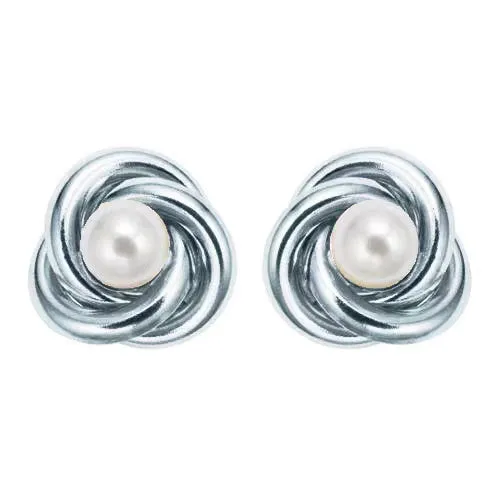 18K White Gold Plated White Freshwater Pearl Round 4 CT Stud Earrings