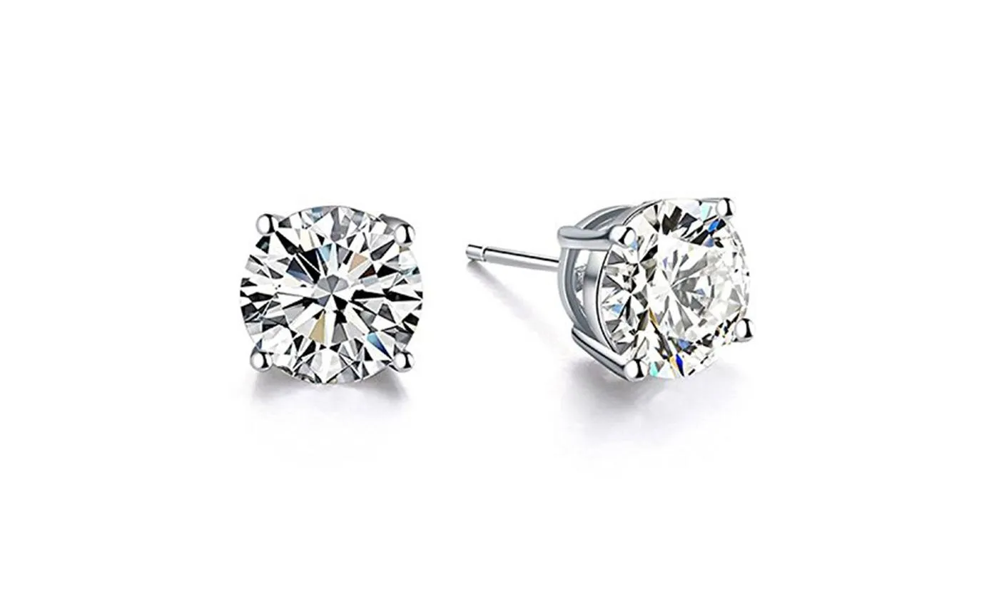 18K White Silver Plated Cubic Zirconia round cut Stud Earrings