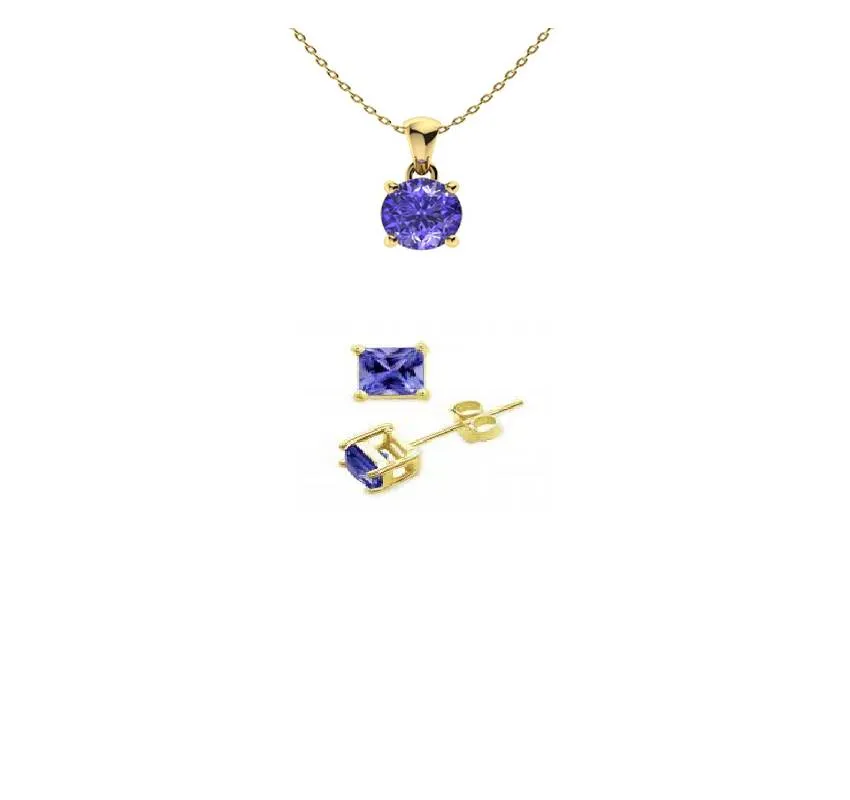 18K Yellow Gold 4ct Tanzanite Round 18 Inch Necklace and Square Earrings Set Plated