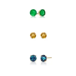 18k Yellow Gold Plated 1/2Ct Created Emerald, Citrine and Alexandrite 3 Pair Round Stud Earrings