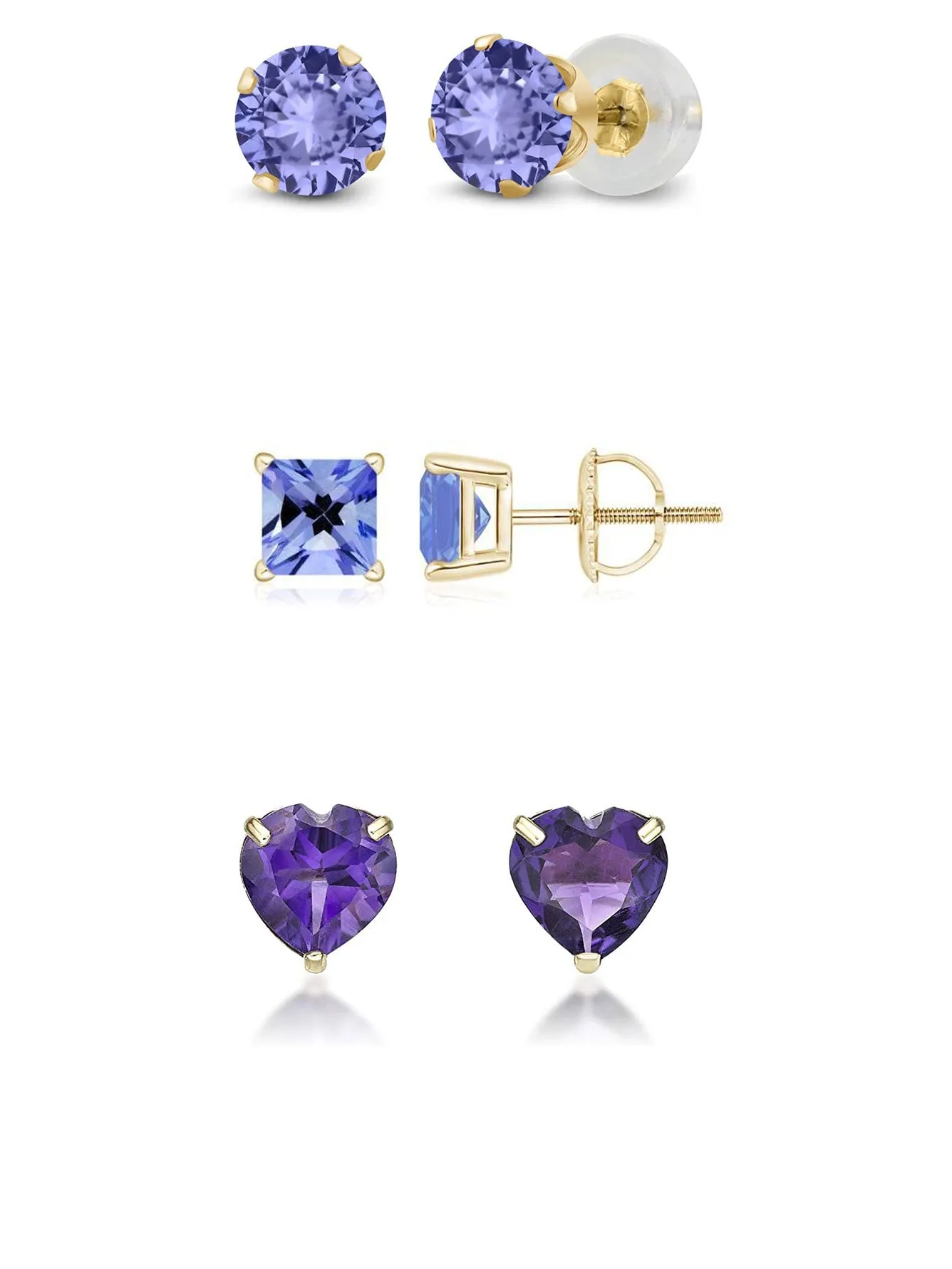 18k Yellow Gold Plated 3Cttw 8mm Created Tanzanite 3 Pair Round, Square and Heart Stud Earrings