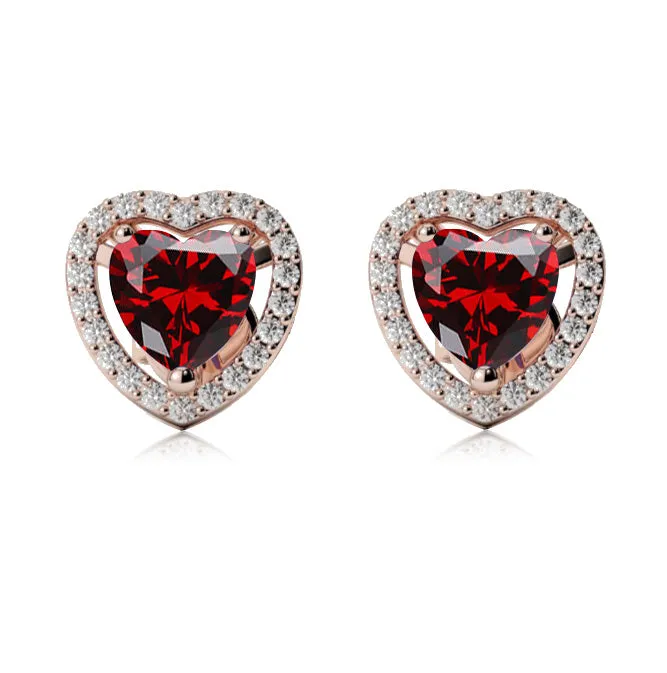 24k Rose Gold Plated 2 Ct Created Halo Heart Garnet Stud Earrings