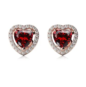 24k Rose Gold Plated 2 Ct Created Halo Heart Garnet Stud Earrings