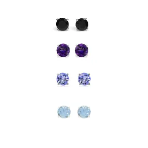 24k White Gold Plated 1/2Ct Created Black Sapphire, Amethyst, Tanzanite and Aquamarine 4 Pair Round Stud Earrings