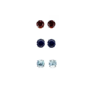 24k White Gold Plated 1Ct Created Garnet, Black Sapphire and Aquamarine 3 Pair Round Stud Earrings