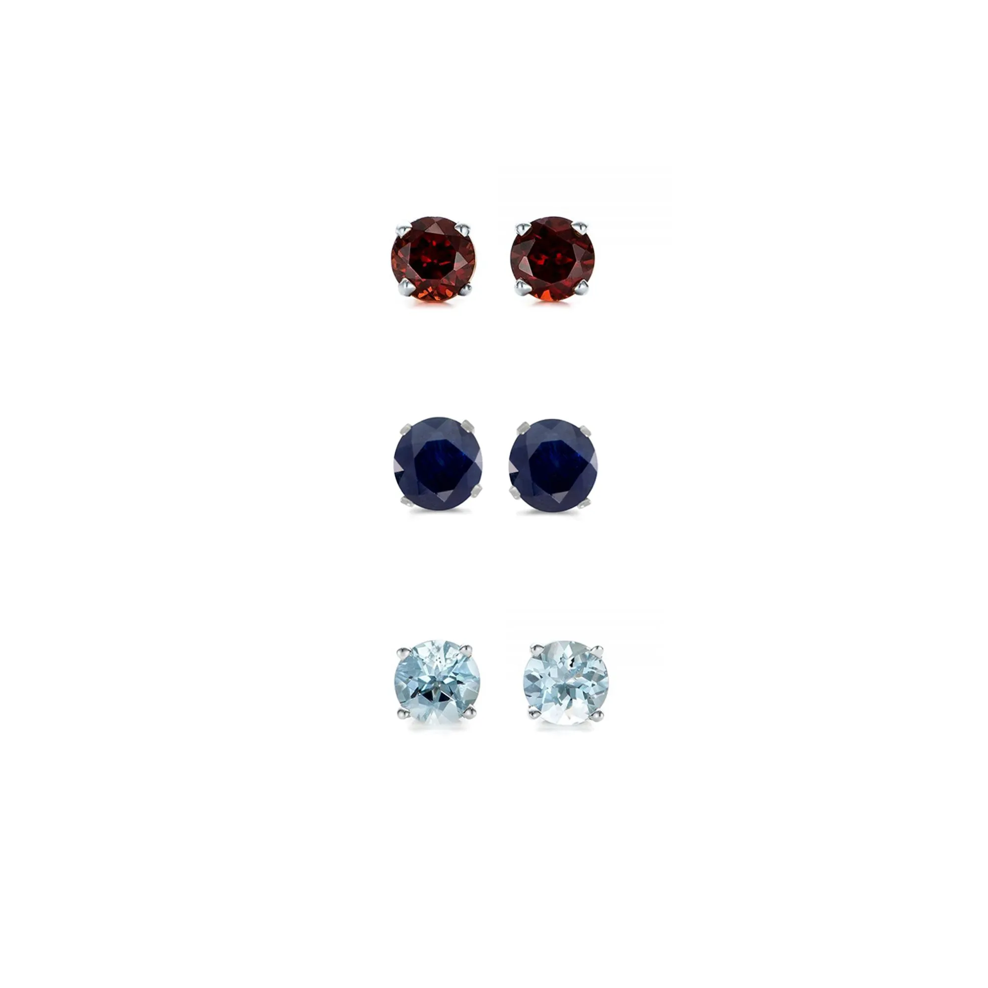 24k White Gold Plated 2Ct Created Garnet, Black Sapphire and Aquamarine 3 Pair Round Stud Earrings