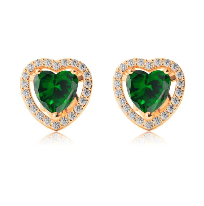 24k Yellow Gold Plated 1 Ct Created Halo Heart Emerald Stud Earrings