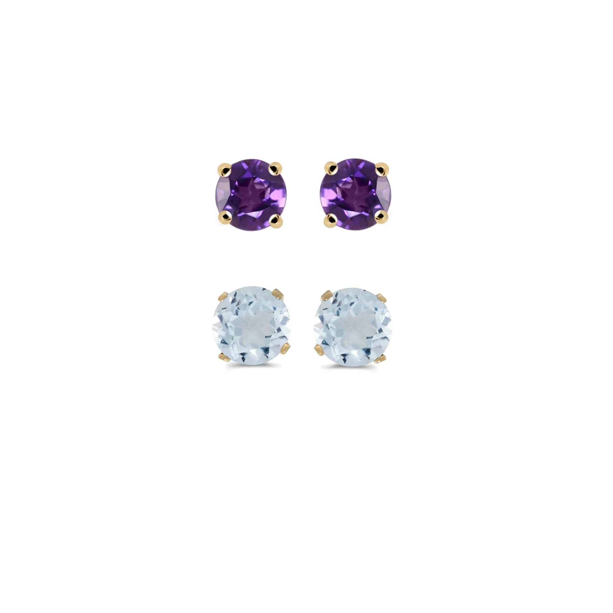 24k Yellow Gold Plated 1/2Ct Created Amethyst and Aquamarine 2 Pair Round Stud Earrings