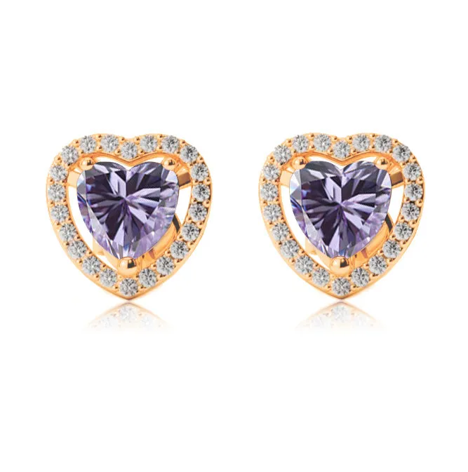 24k Yellow Gold Plated 3 Ct Created Halo Heart Tanzanite Stud Earrings