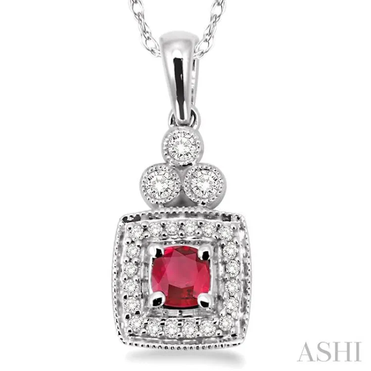 4x4MM Cushion Cut Ruby and 1/5 Ctw Round Cut Diamond Pendant in 14K White Gold with Chain