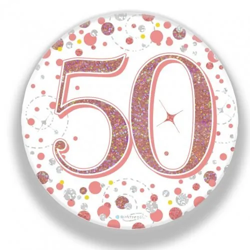 7.5cm Sparkling Fizz Rose Gold Birthday Badge - 50th