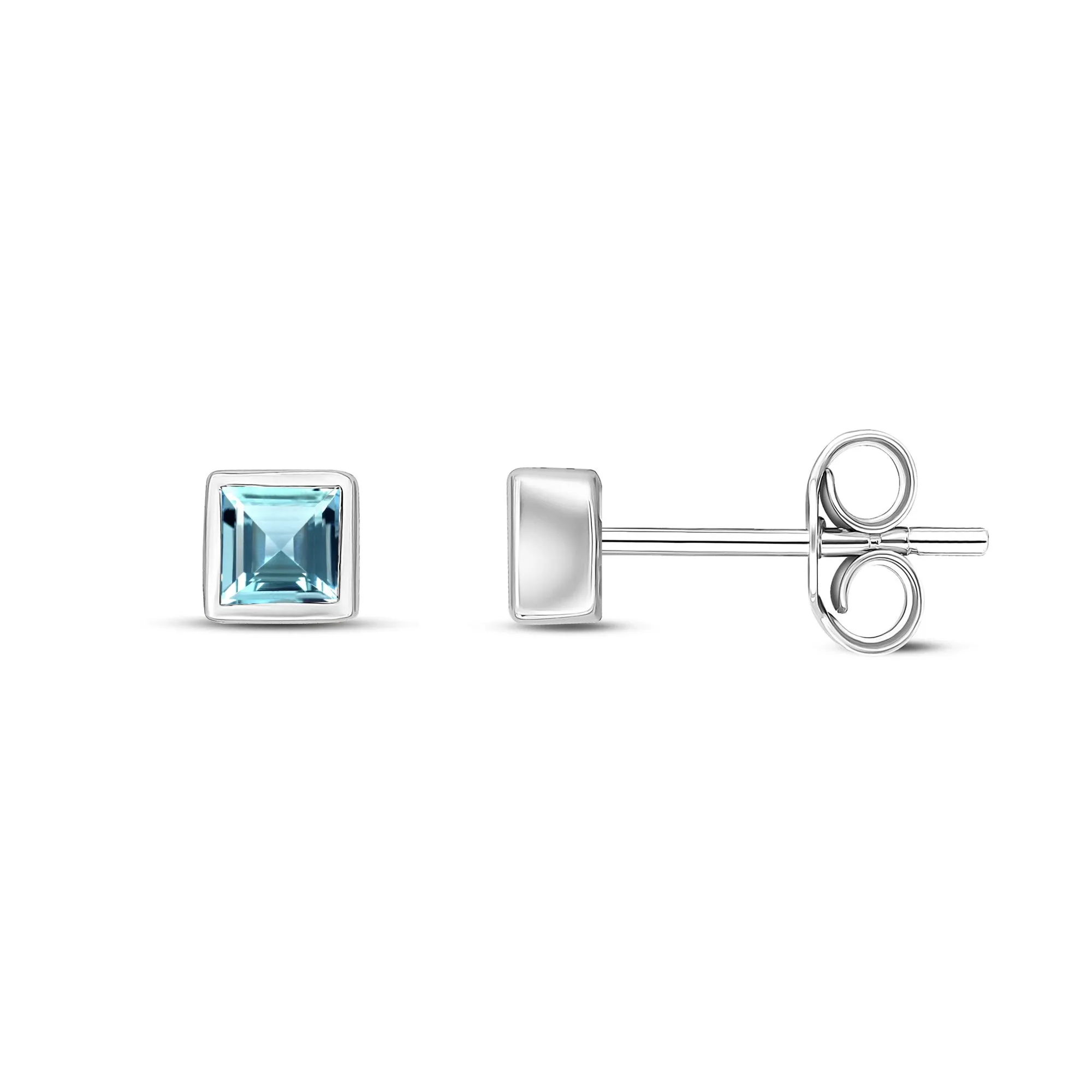 9ct White Gold 3mm Aquamarine Princess Cut Rubover Earrings