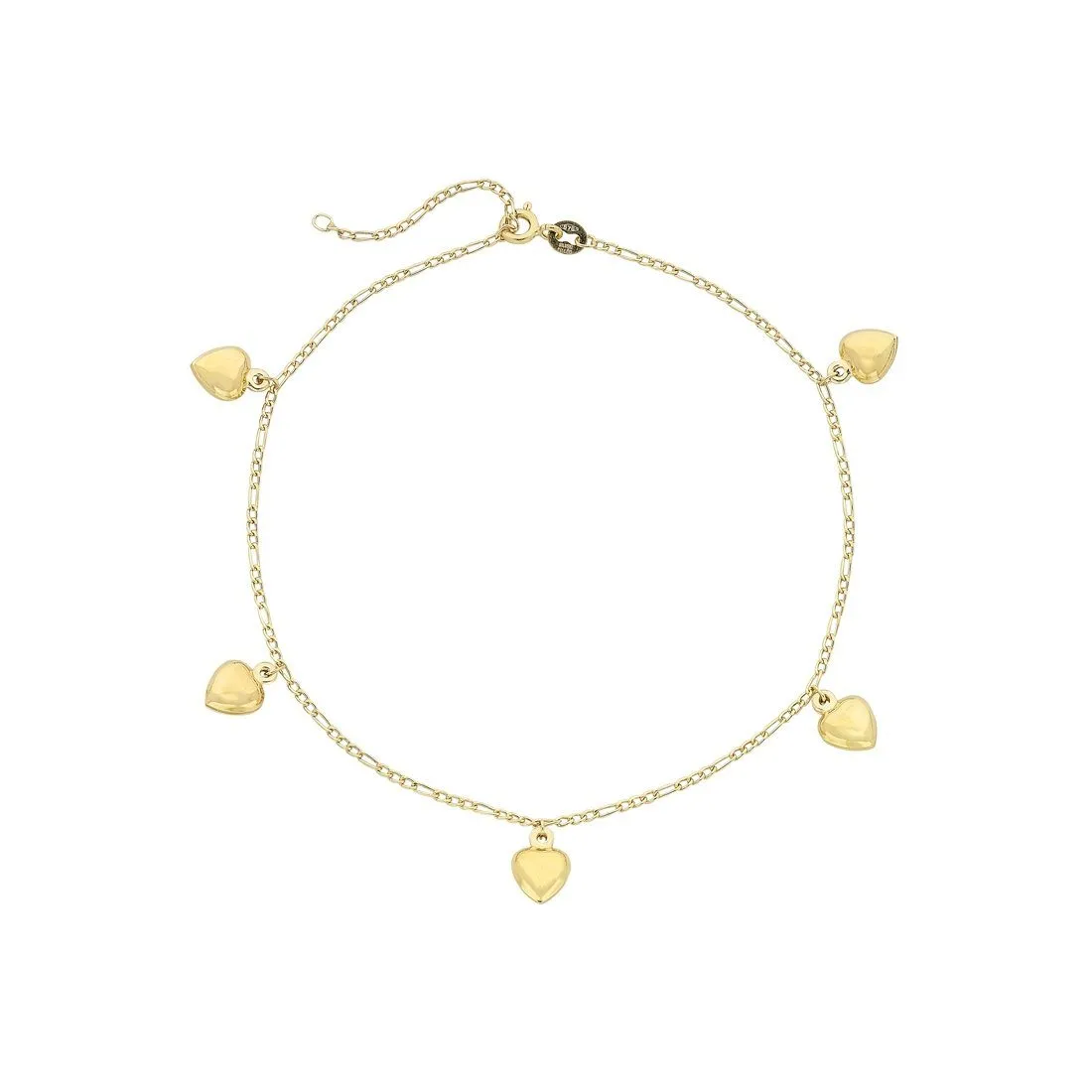 9ct Yellow Gold Silver Infused 5 Puff Heart Anklet