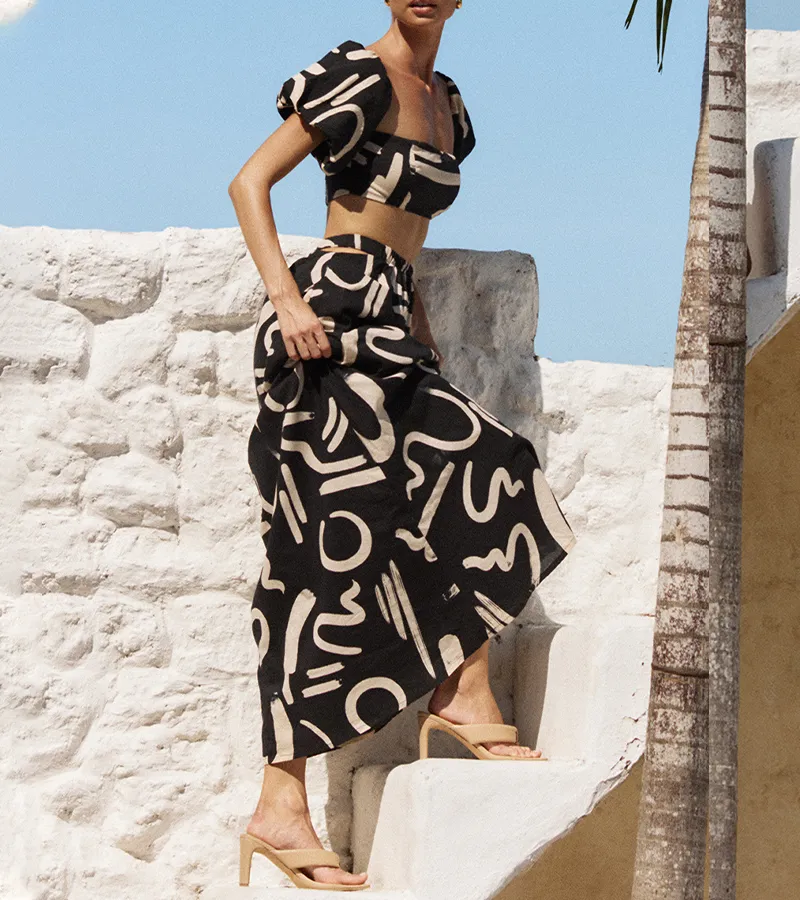 Abstract Art Printed Puff Sleeves Crop Top Cutout Maxi Dress Set