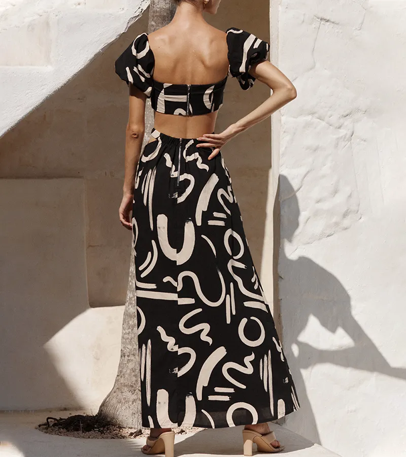 Abstract Art Printed Puff Sleeves Crop Top Cutout Maxi Dress Set