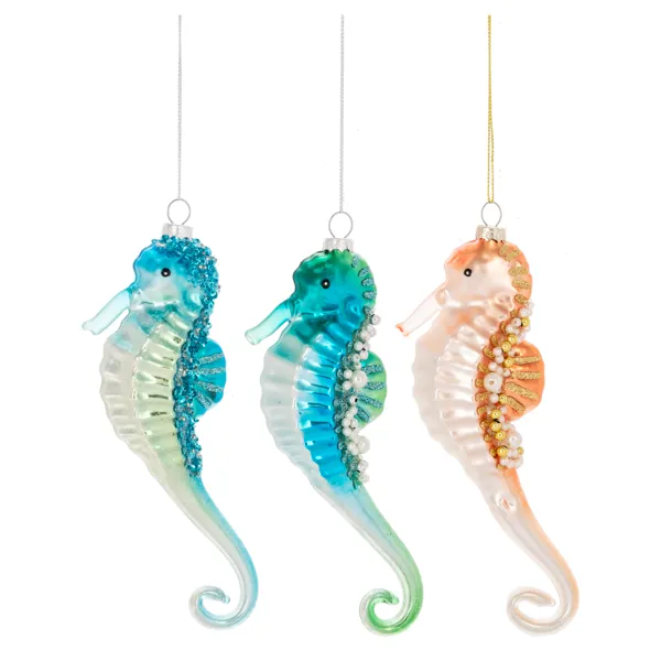 Aqua Seahorse Glass Ornament