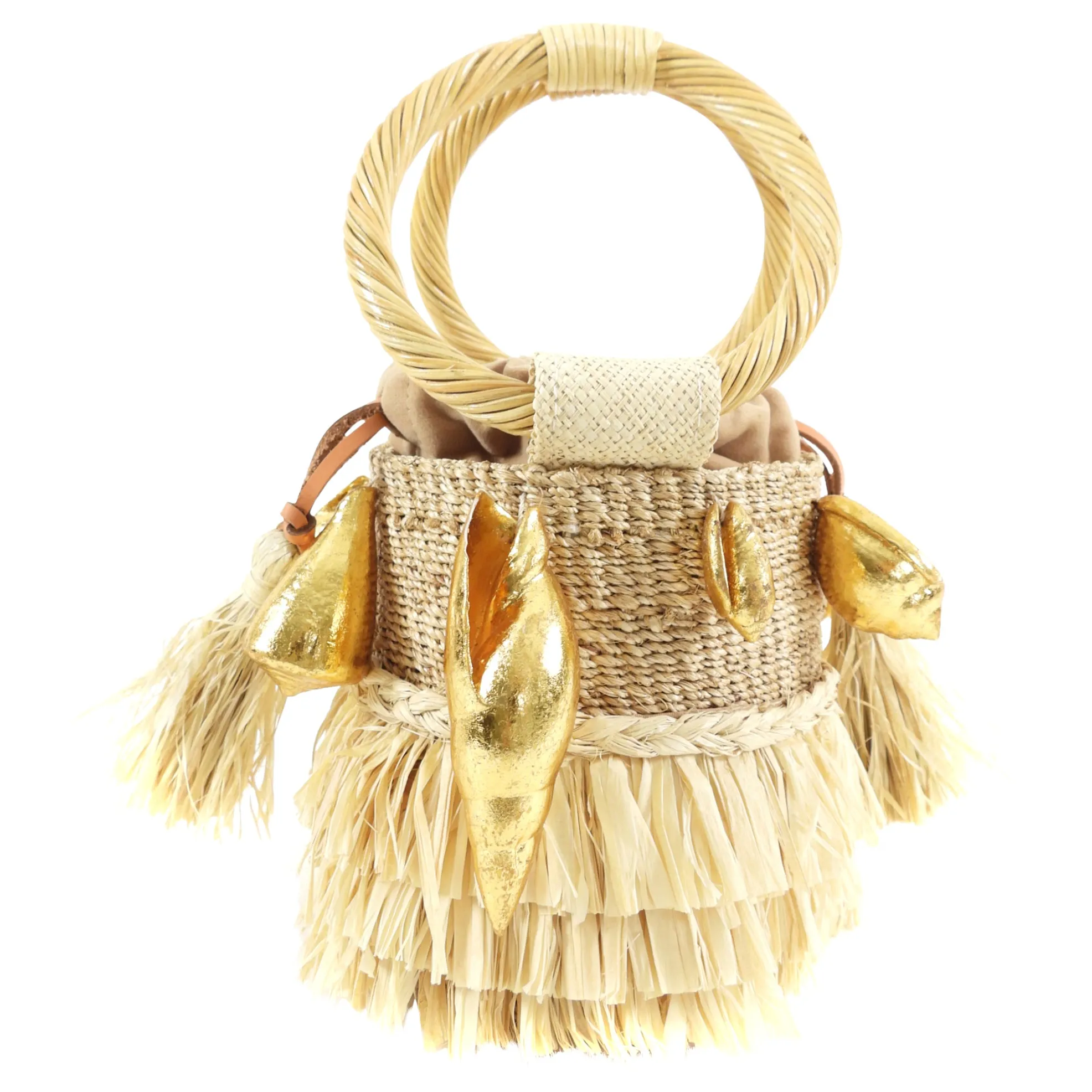 Aranaz Raffi and Straw Mini Shell Bucket Bag