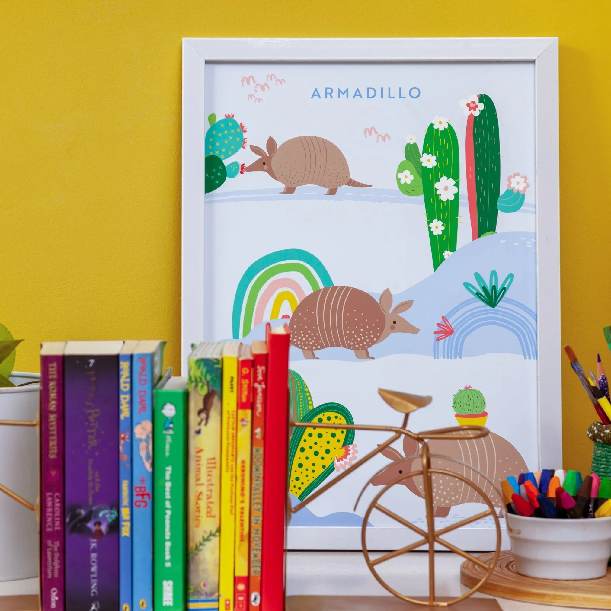 Armadillo Wall Art with White Frame for Kids