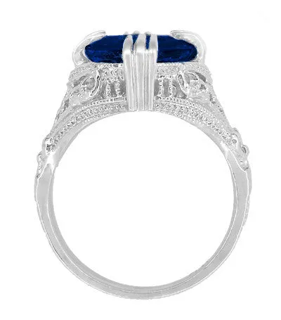 Art Deco Engraved Filigree 5.75 Carat Oval Lab Created Blue Sapphire Statement Ring in Sterling Silver