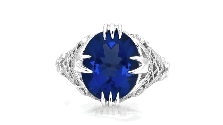 Art Deco Engraved Filigree 5.75 Carat Oval Lab Created Blue Sapphire Statement Ring in Sterling Silver