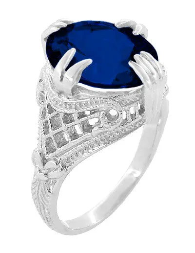 Art Deco Engraved Filigree 5.75 Carat Oval Lab Created Blue Sapphire Statement Ring in Sterling Silver