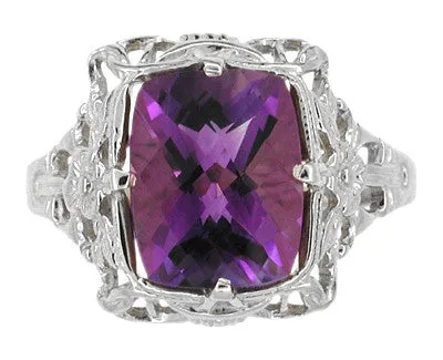 Art Deco Filigree Checkerboard Amethyst Ring in 14 Karat White Gold