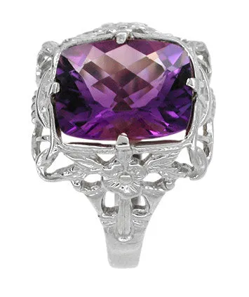 Art Deco Filigree Checkerboard Amethyst Ring in 14 Karat White Gold