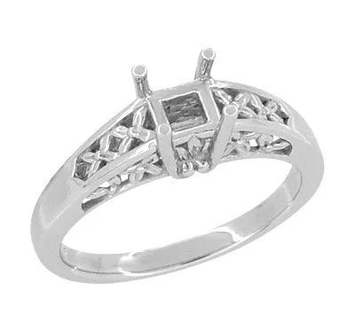 Art Nouveau Flowers and Leaves Filigree Engagement Ring Mounting for a 3/4 Carat Cushion Cut, Princess, Radiant, or Asscher Cut  Diamond in Platinum