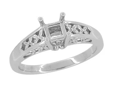 Art Nouveau Flowers and Leaves Filigree Engagement Ring Mounting for a 3/4 Carat Cushion Cut, Princess, Radiant, or Asscher Cut  Diamond in Platinum