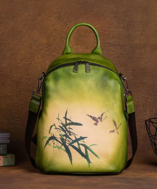 Art Yellow Print Paitings Calf Leather Backpack Bag