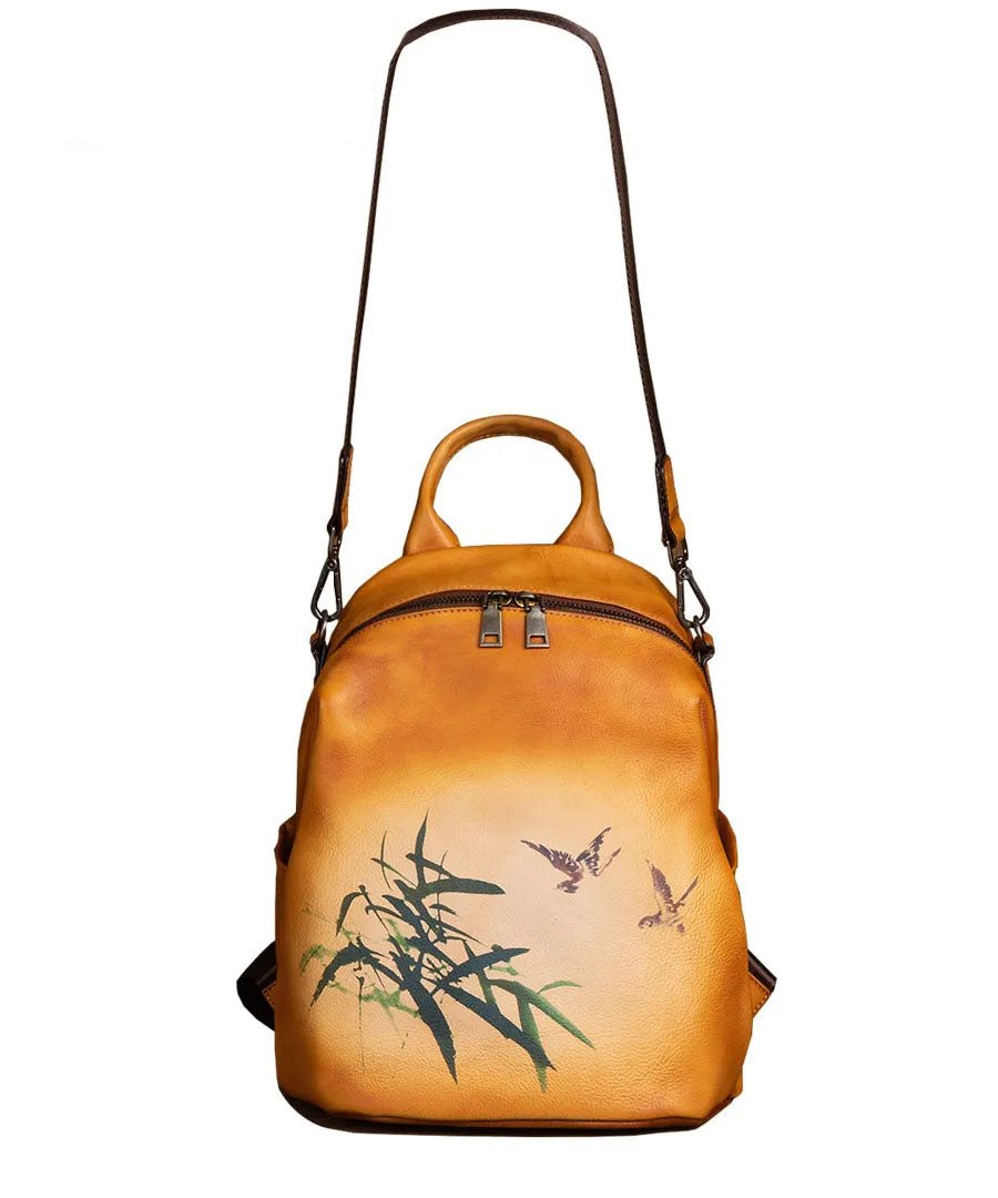 Art Yellow Print Paitings Calf Leather Backpack Bag