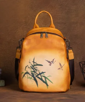 Art Yellow Print Paitings Calf Leather Backpack Bag