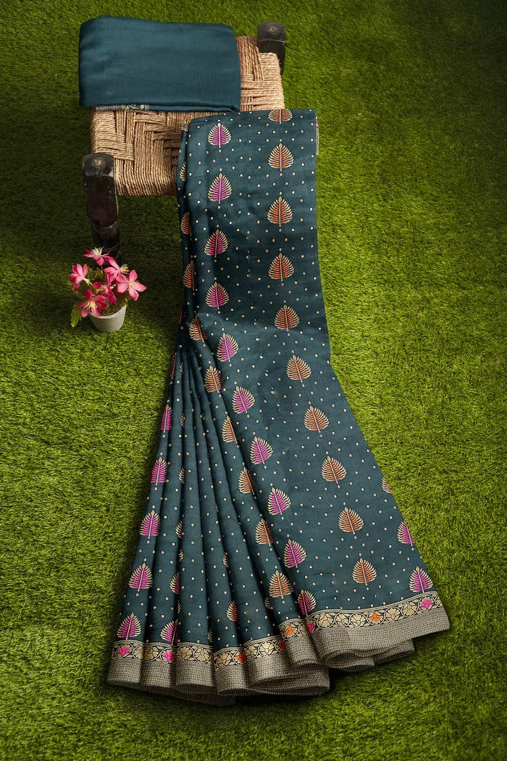 Beautiful Banarasi silk saree with multicolor meena work.