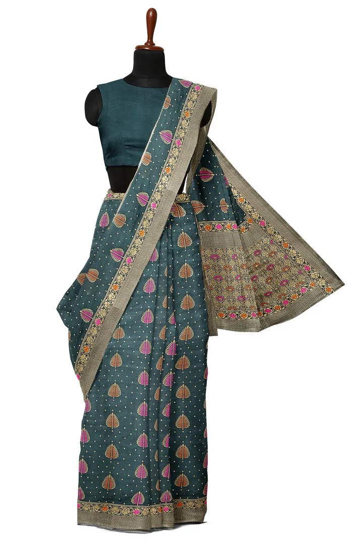 Beautiful Banarasi silk saree with multicolor meena work.