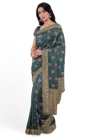 Beautiful Banarasi silk saree with multicolor meena work.