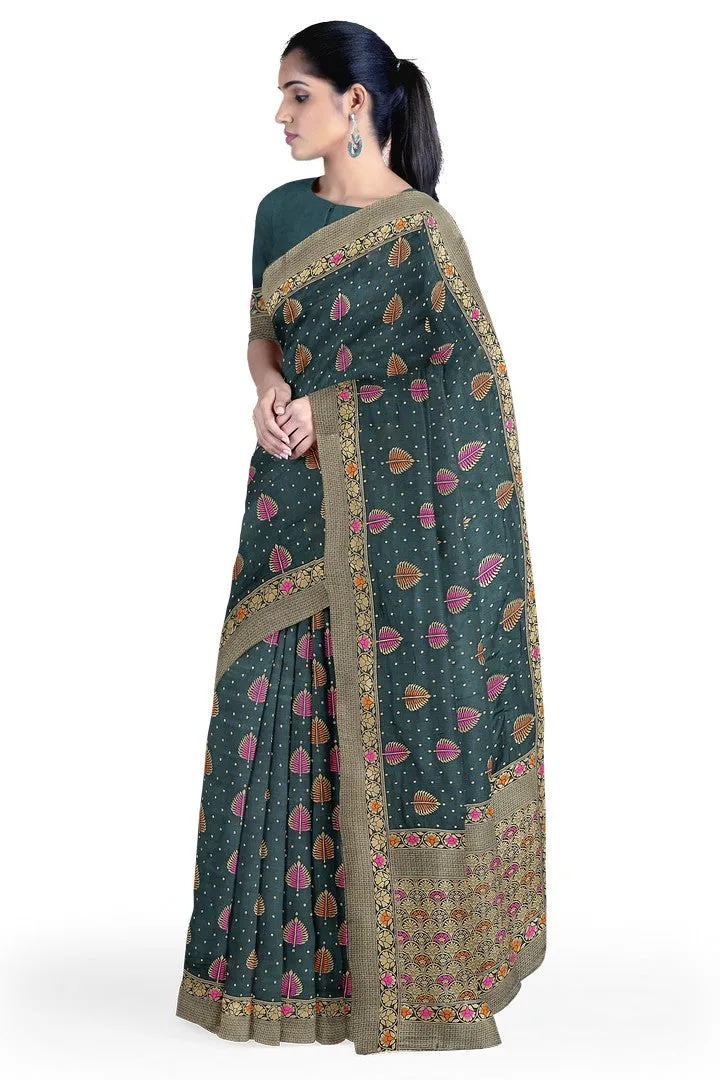 Beautiful Banarasi silk saree with multicolor meena work.