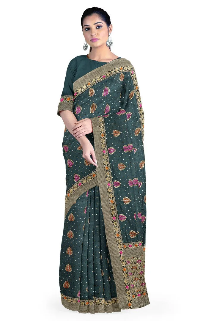 Beautiful Banarasi silk saree with multicolor meena work.