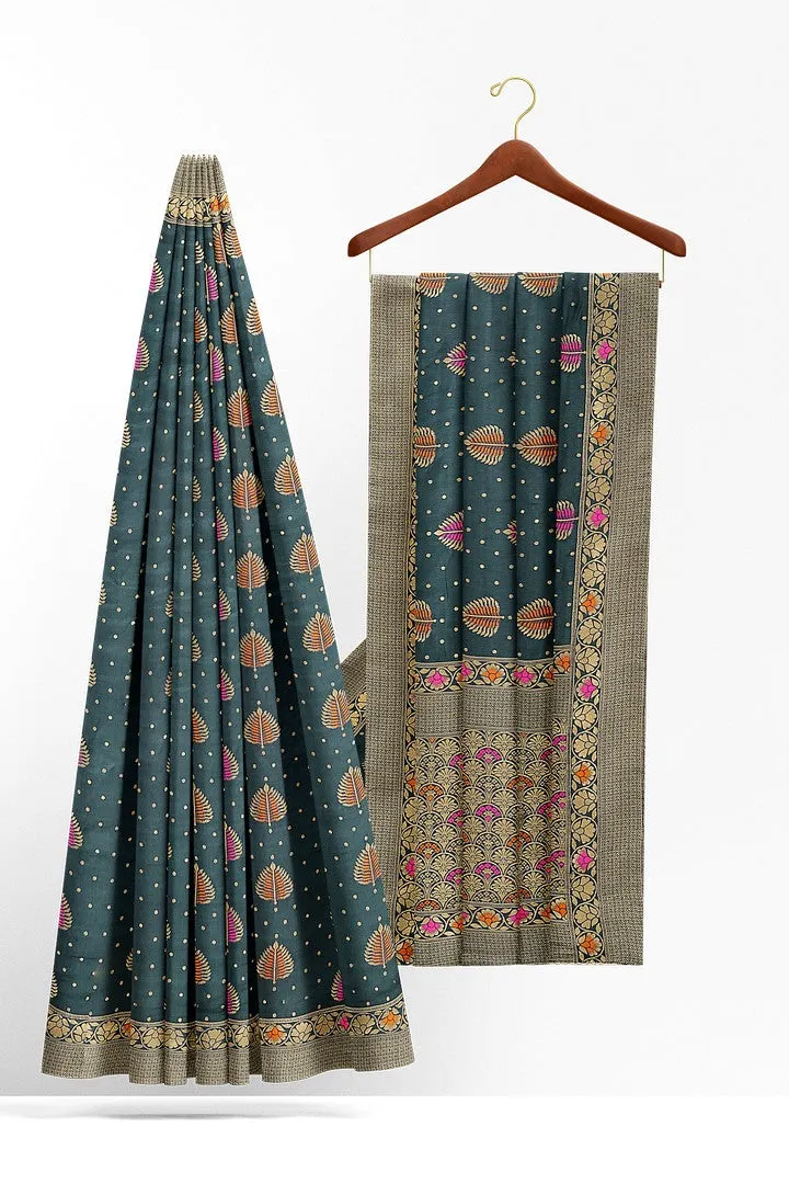 Beautiful Banarasi silk saree with multicolor meena work.