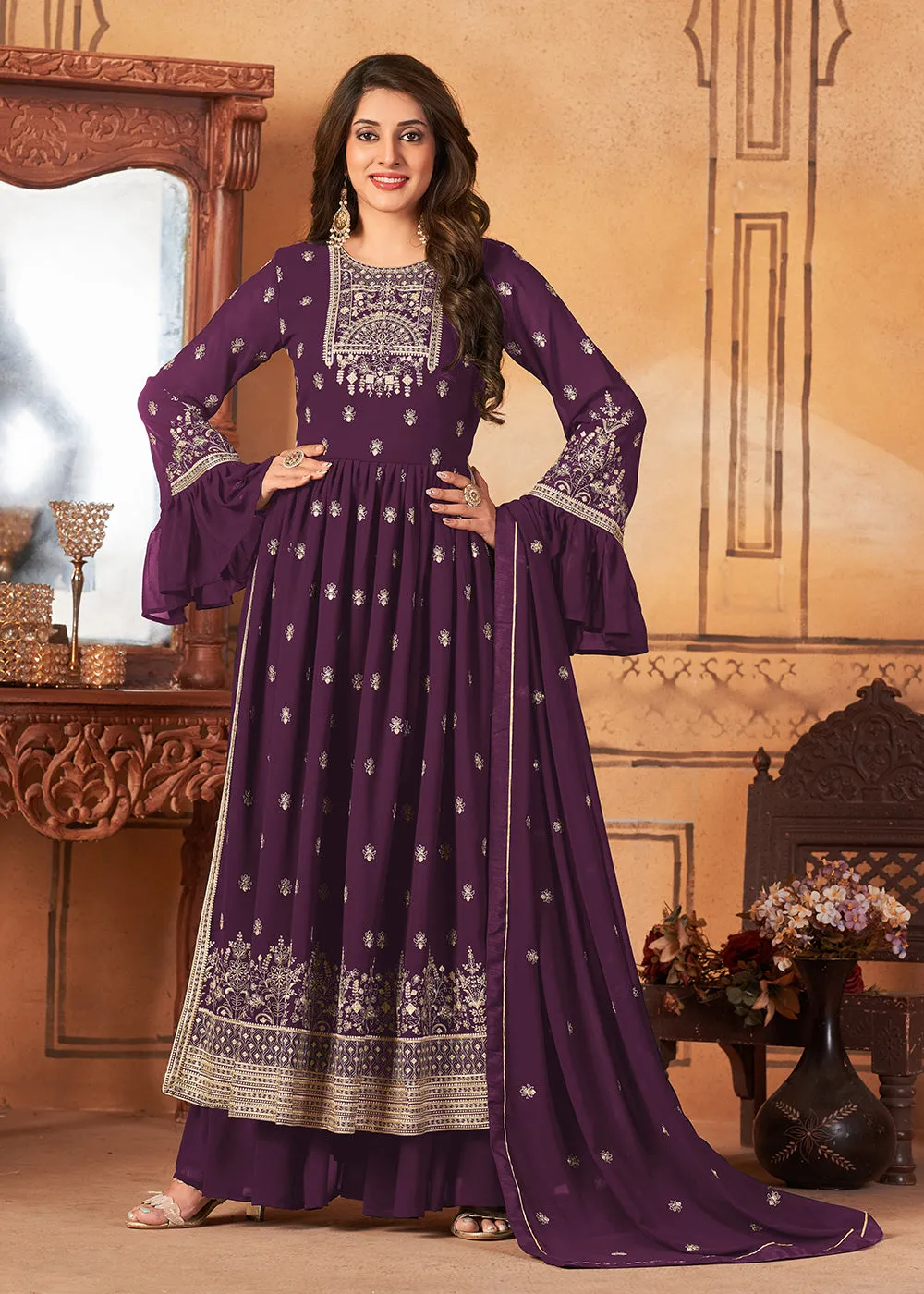 Bell Sleeved Fascinating Purple Wedding Function Palazzo Suit