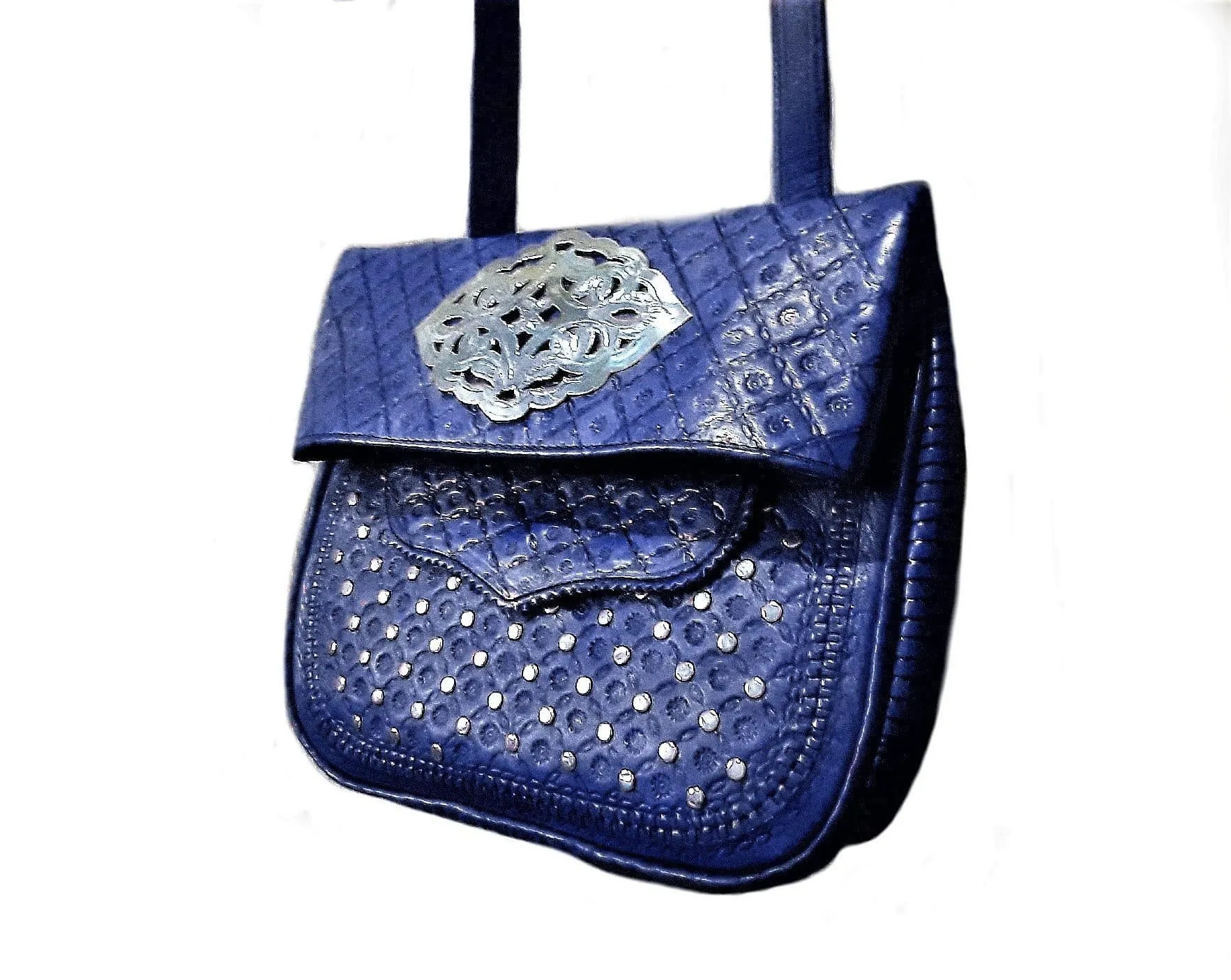 Berber Girl Leather Bag - Médaillon - Blue