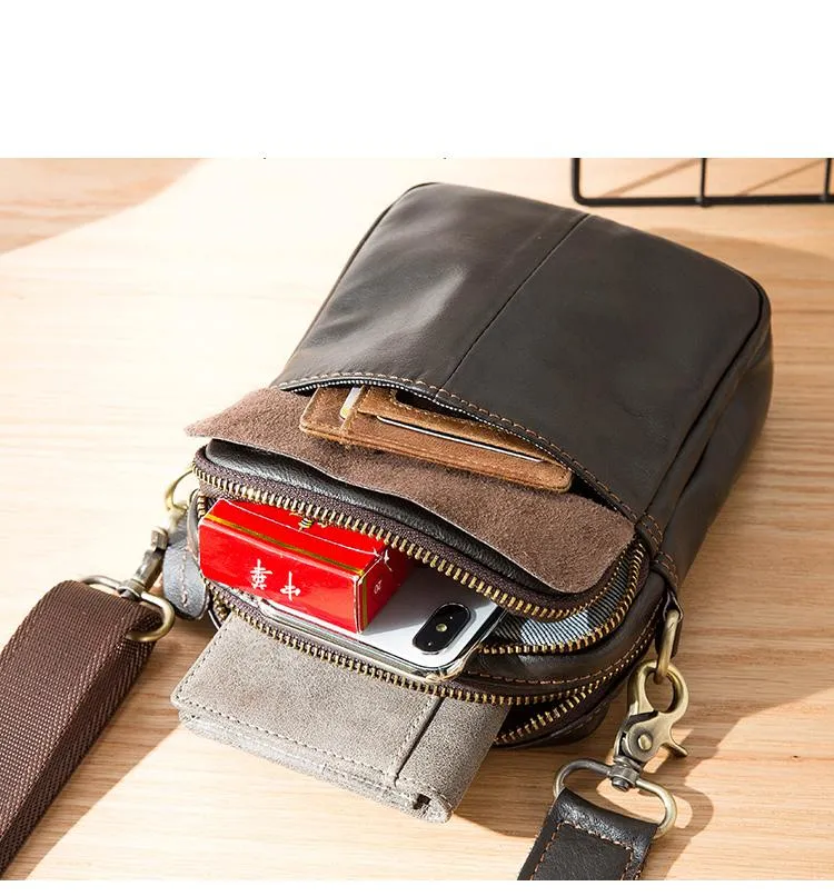 Black Casual Leather Mens Vertical Mini Side Bag Small Messenger Bags Belt Bag for Men