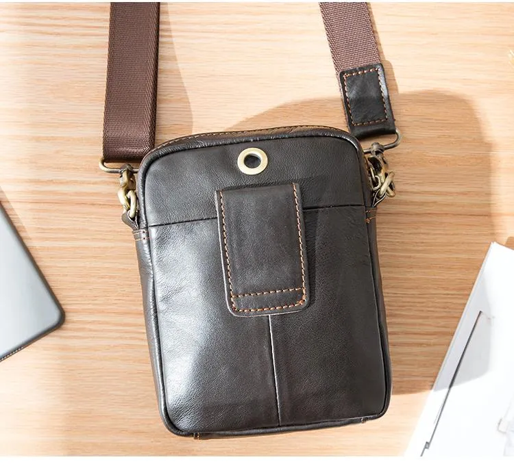 Black Casual Leather Mens Vertical Mini Side Bag Small Messenger Bags Belt Bag for Men