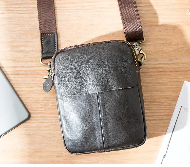 Black Casual Leather Mens Vertical Mini Side Bag Small Messenger Bags Belt Bag for Men