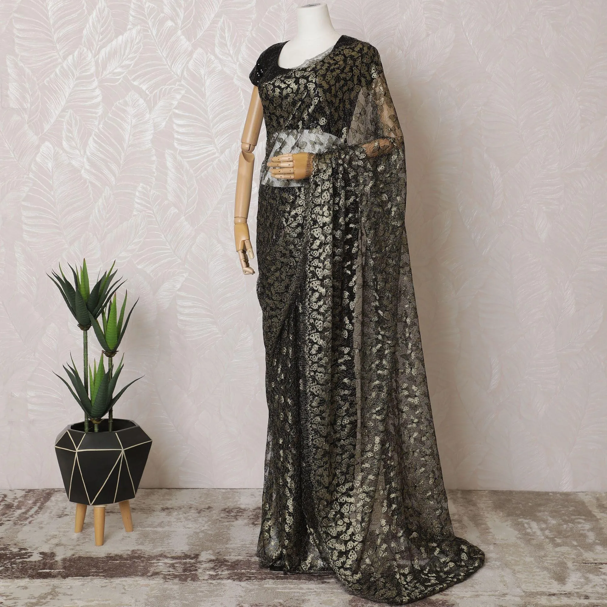 Black, gold Premium pure French metallic chantilly lace saree in butterfly design-D15545