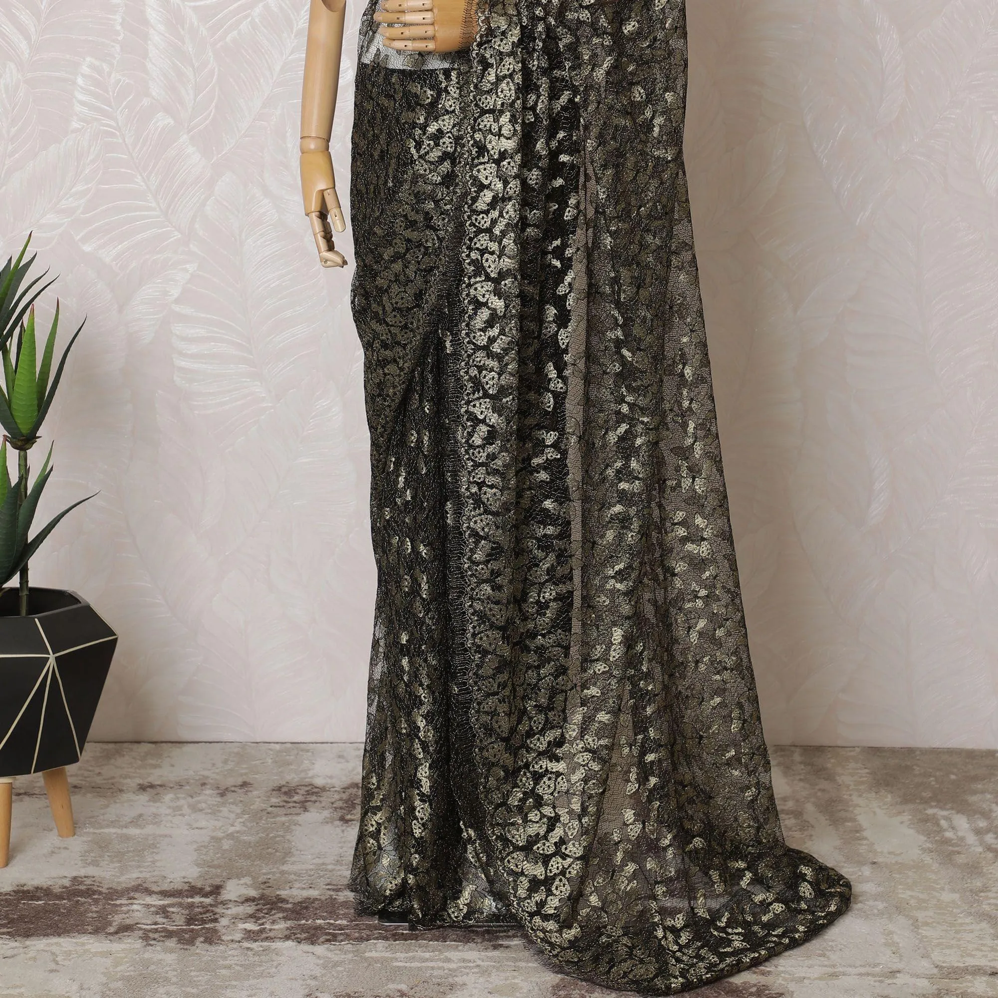 Black, gold Premium pure French metallic chantilly lace saree in butterfly design-D15545