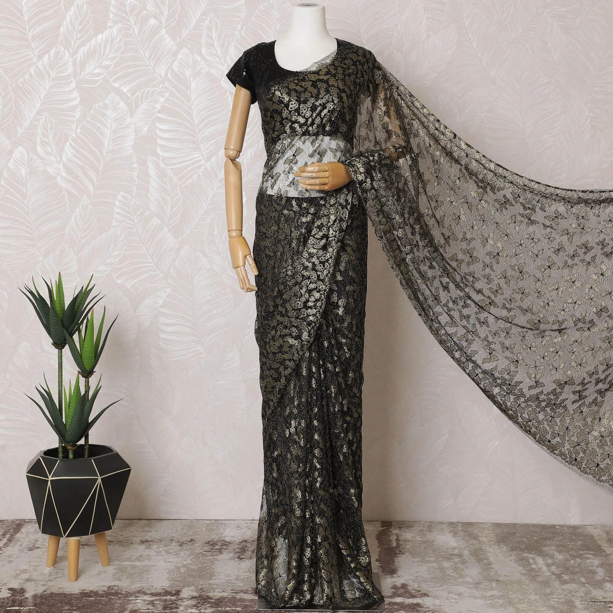 Black, gold Premium pure French metallic chantilly lace saree in butterfly design-D15545