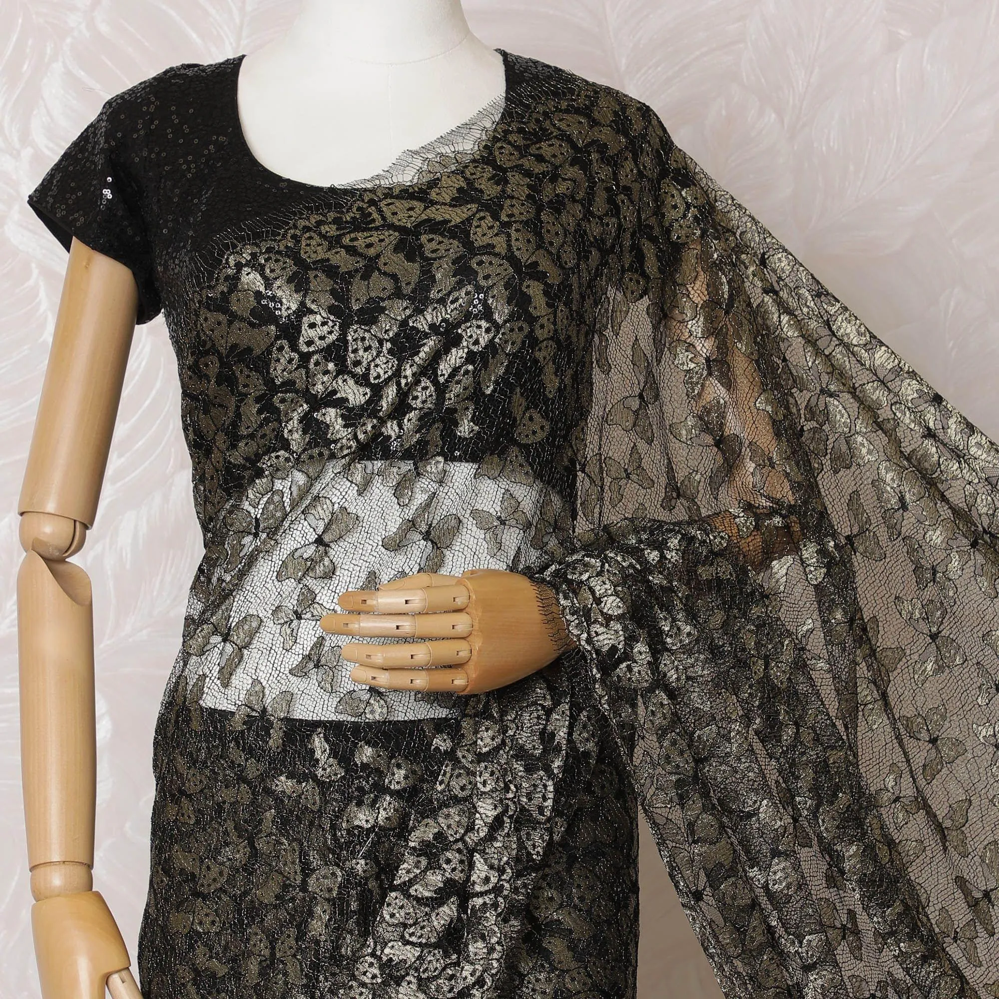 Black, gold Premium pure French metallic chantilly lace saree in butterfly design-D15545